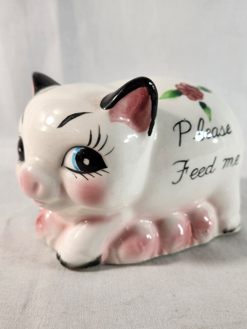 Ries Japan Ceramic Piggy Bank White Vintage 1950s-1960s Hand Painted + Plug - Picture 9 of 9